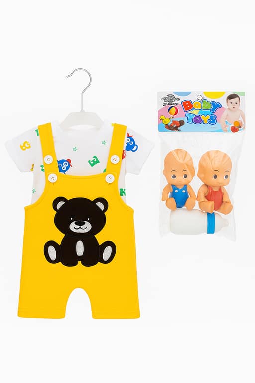 Giftset Baby Dungarees Yellow With Sound Toys & Milk Bottle